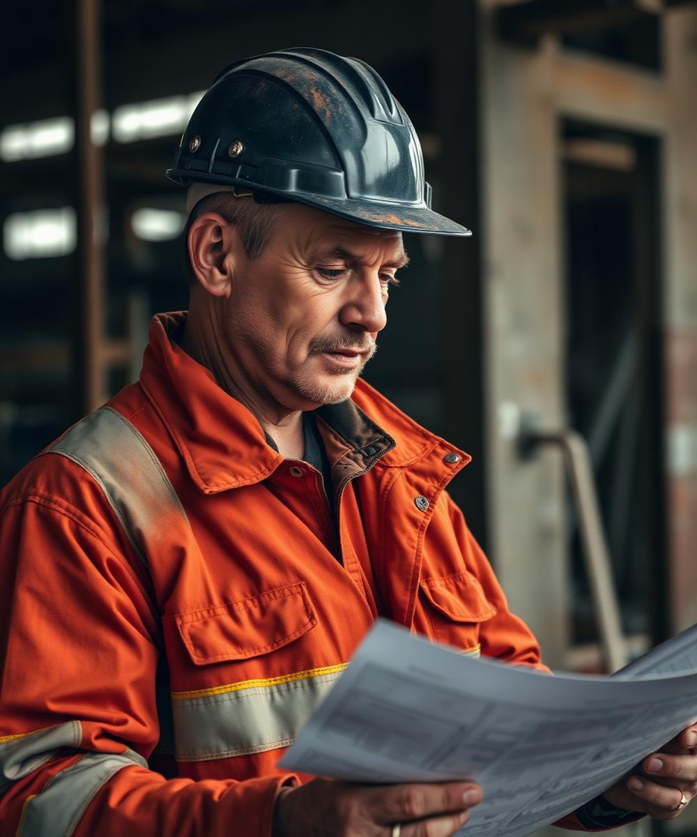Site foreman reviewing construction drawings